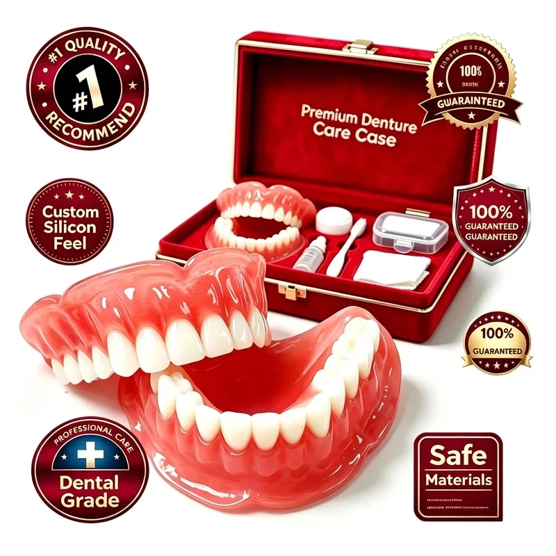 Silicone Full Mouth Cosmetic False Teeth Set, Soft Comfort Veneers with Storage Box Toothbrush Removal Hook JJ4826