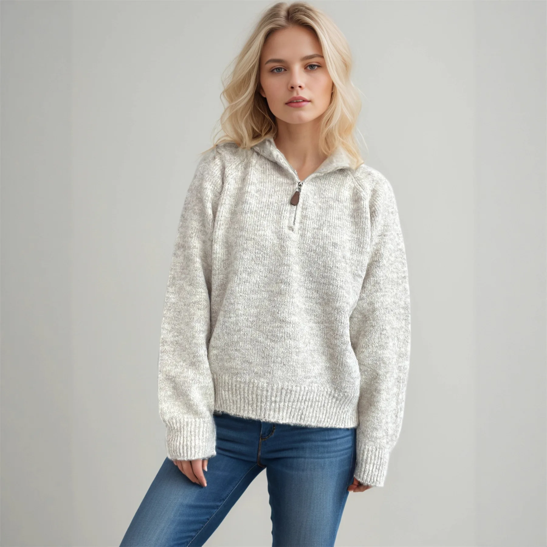 

Американский женский свитер с капюшоном на молнии до середины груди, осенний, в расслабленном стиле, утепленный, вязаный пуловер, свободный крой, широкие плечи, повседневные худи