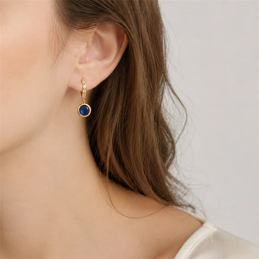Classic Gold Color Plating Clear Ziron Paving Hoop Navy Blue Round Charm Earrings For Women Girl Dress Decoration Jewelry