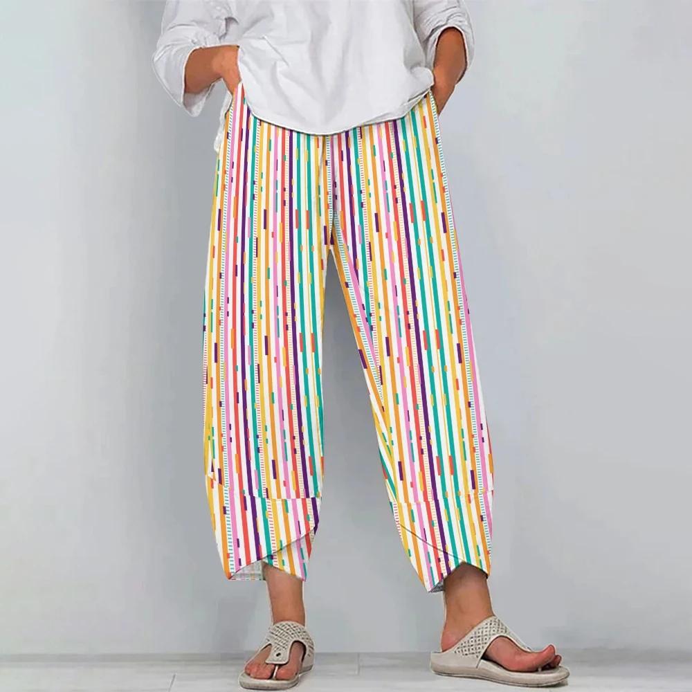 Geometry Colorful Striped Women's Pants Vibrant Geometric Strips Trousers Women's Cozy Striped Bottoms Casual Vacation Pants