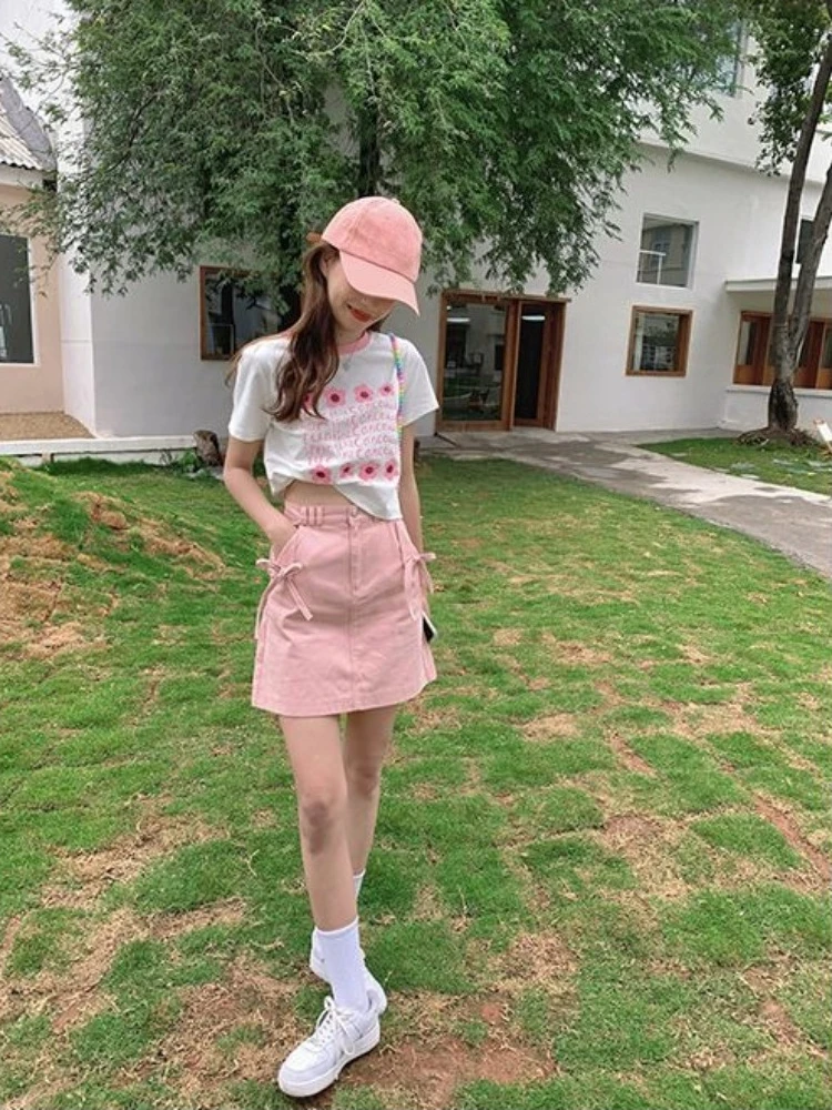 High Waist Slimming A Line Bodycon Denim Mini Skirt Pink Bowknot Strap Korean Style Sweet Petite Women