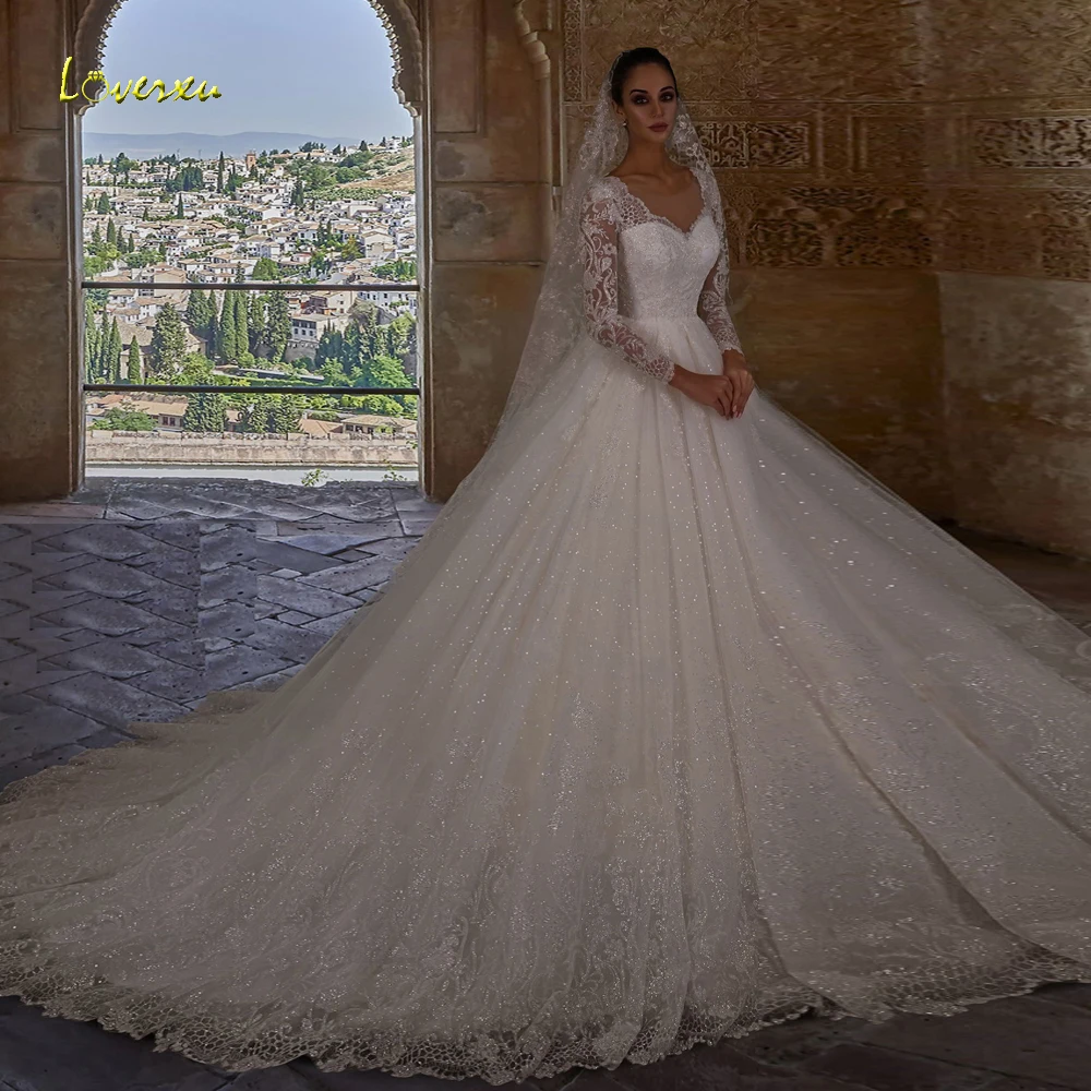 Loverxu Ball Gown Royal abiti da sposa 2024 smerlato manica lunga Vestido De Novia pizzo ricamo principessa Robe De Mariee