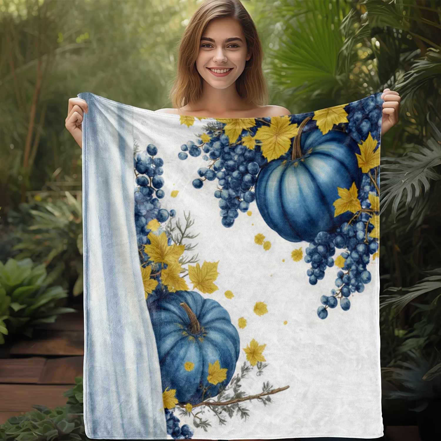 1 Flannel Blanket, Christmas Blue Pumpkin and Grapes Art Print Throw, Warm Cozy Soft Blanket for Sofa Bed Car Office Camping Tra