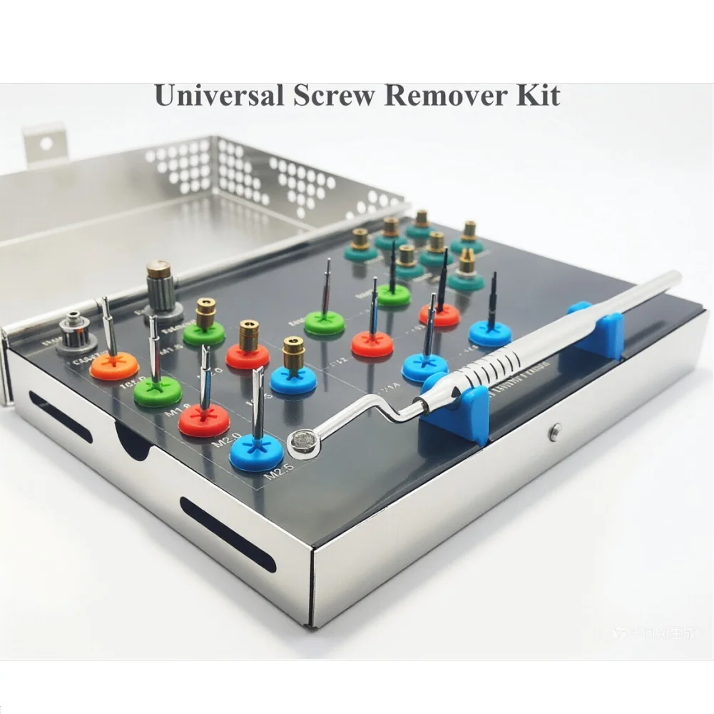 

Набор для удаления сломанных винтов зубных имплантатов, 23 предмета: отвертки, хирургический экстрактор, обратный сверлильный инструмент, направляющие, набор инструментов