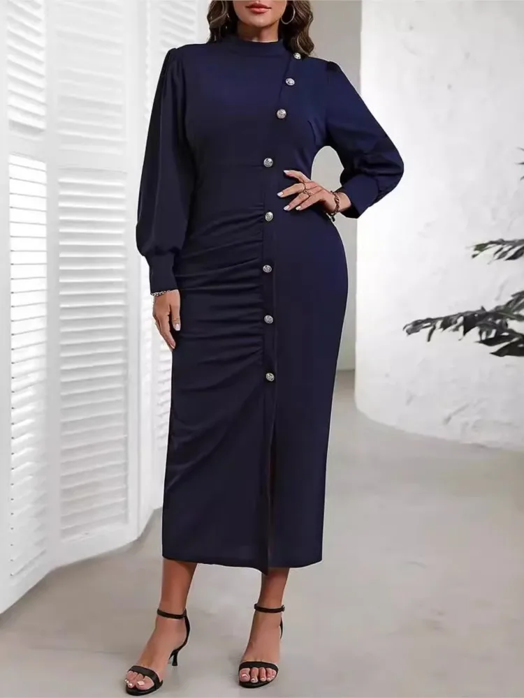 Plus Size Autumn Long Split Dress Women Ruffle Pleated Fashion Slim High Waist Bodycon Ladies Dresses Long Sleeve Woman Dress