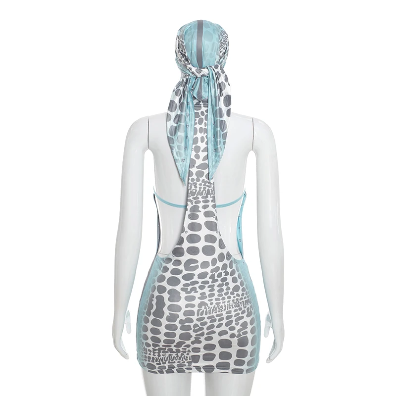 Ärmelloses, rückenfreies Minikleid mit U-Ausschnitt und Trägern, bedruckt, schmal geschnitten – Detail 8
