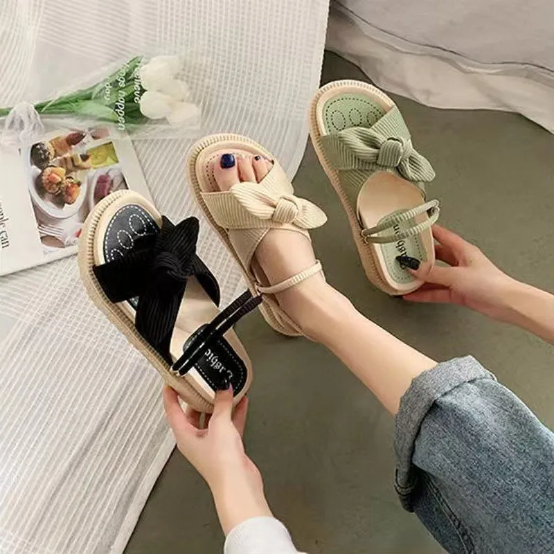 Fairy Style Lady Summer Slippers Thick Platform Flat Sandals with Butterfly-Knot Summer Flip Flops Sandals Women Shoes