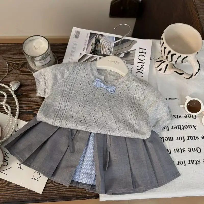 Summer Elegance Princess Clothing Knitted Sweater Top Shirt+Pleated skirt 2Pcs Girls Sets Childrents Kid Elegance Party Clothes