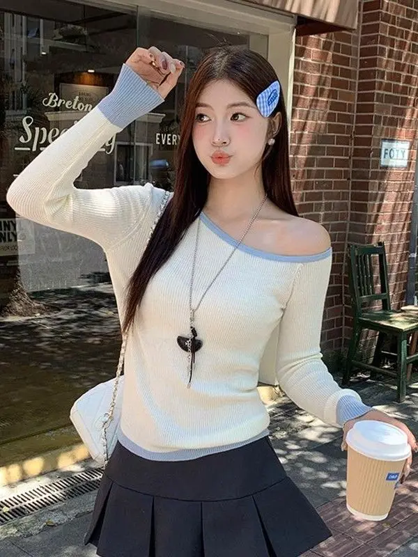 Slim Fit Lange Sve Gebreide Basis irt Dames ort Design Sense oulder T-shirt Vrijetijdskleding voor Herfst 2025, Nieuwe Sle