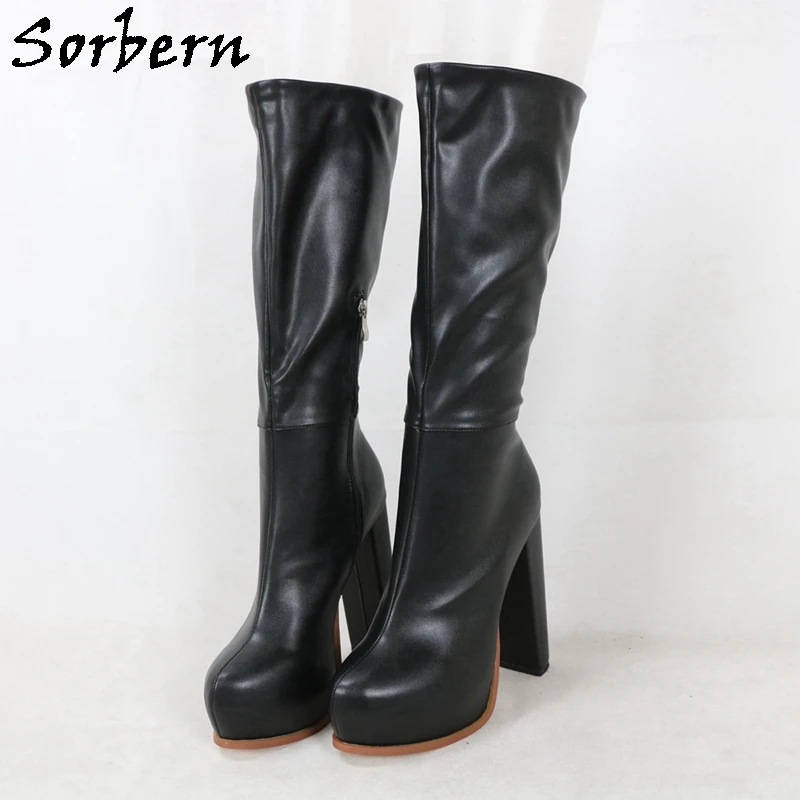 

Sorbern Black Matte Knee High Boots Women Fetish Block High Heel Chunky Heeled Hidden Platform Zip Up Custom Slim Wide Legs