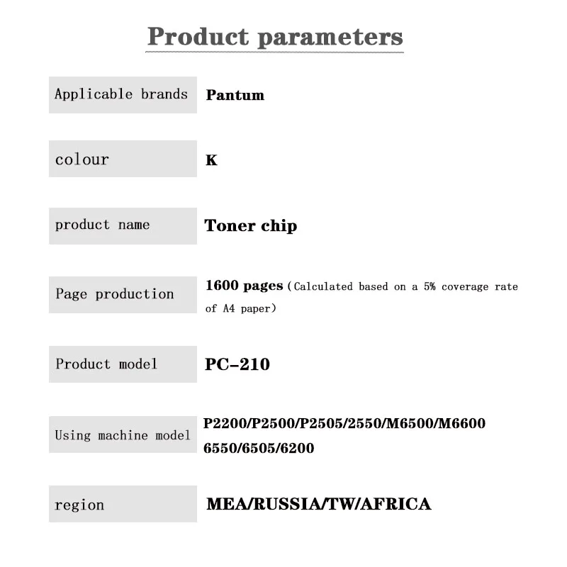 PC-210/211/210E/211E/211EV/211RB Toner Chip for P2200/P2500/P2505/2550/M6500/M6600/6550/6505/6200