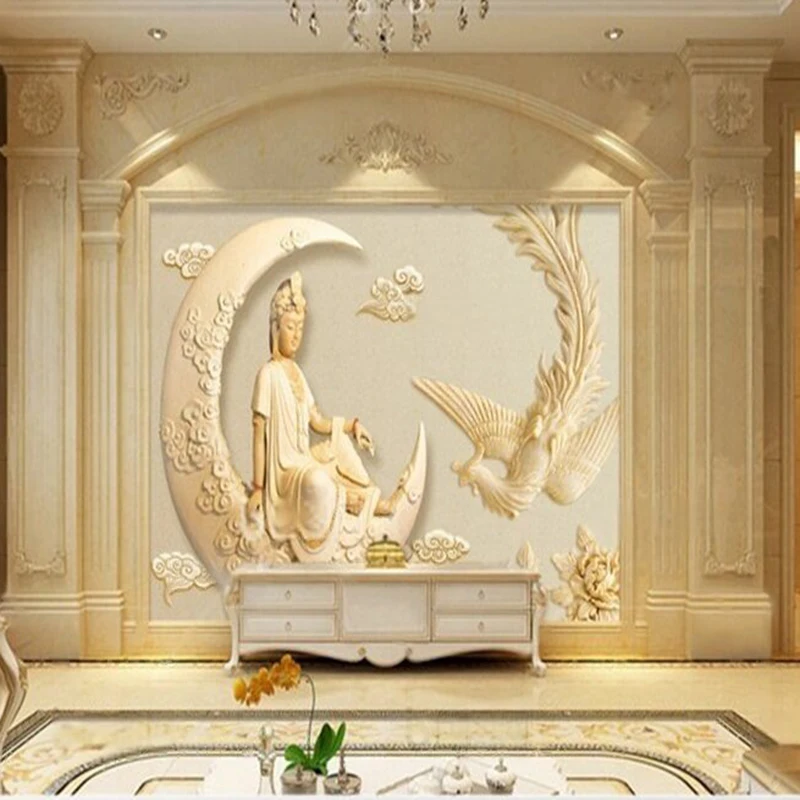 

Мрамор 3d нефрит резной Феникс Гуаньинь Луна благоприятные облака гостиная ТВ роскошное украшение дома спальня фон стены