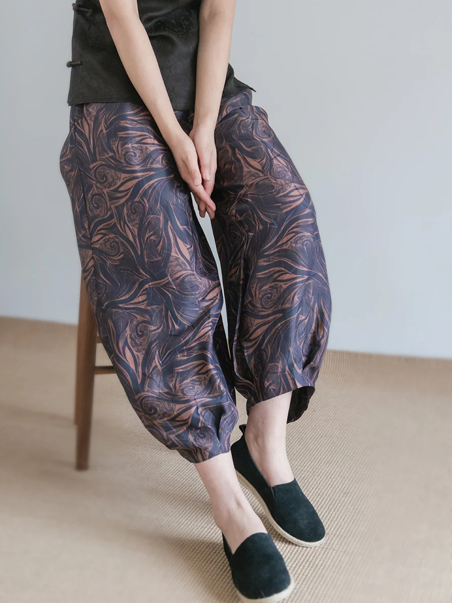 

Yuzhao шелковые переплетенные брюки с тканью для благовоний и облаков, широкие брюки с девятью точками, повседневные брюки с узором на талии