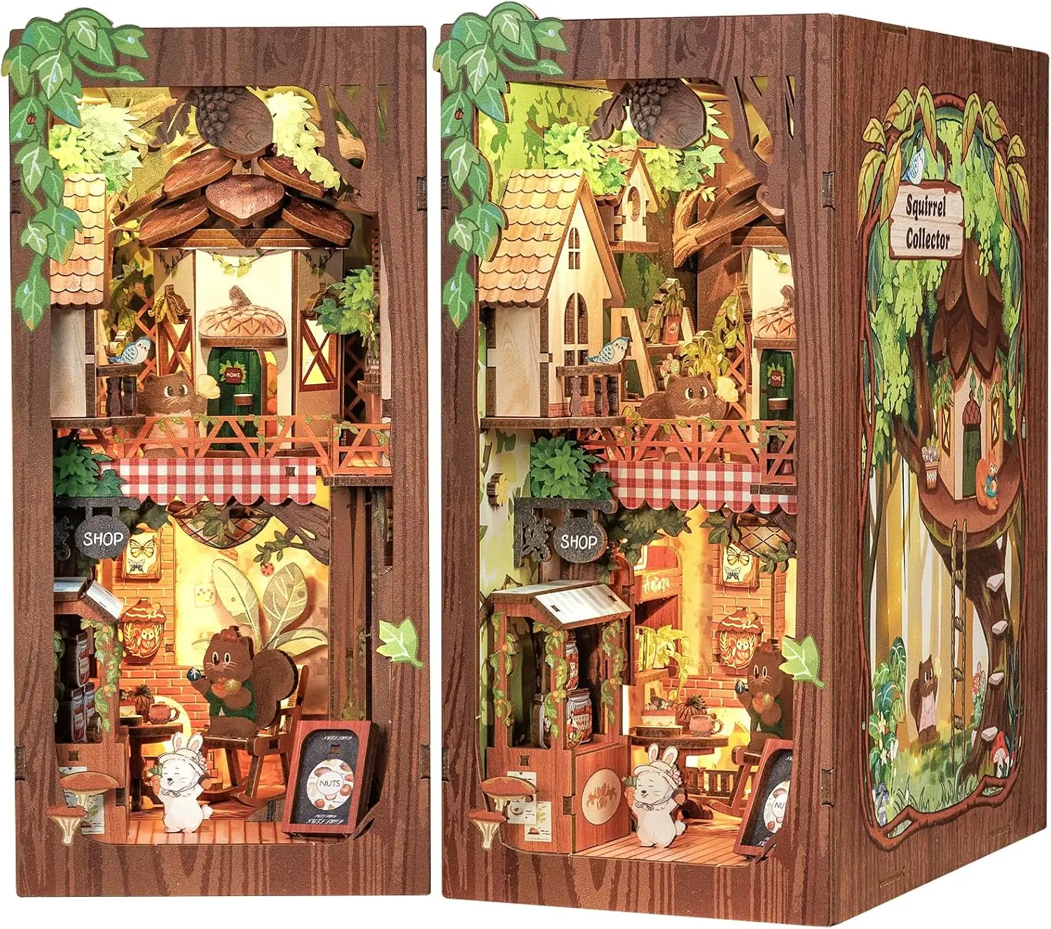 Book Nook Kit, DIY Miniature Booknook Kit for Adults, 3D Wooden Puzzle Bookend Bookshelf Decor with LED Light & Dust Cover Creat