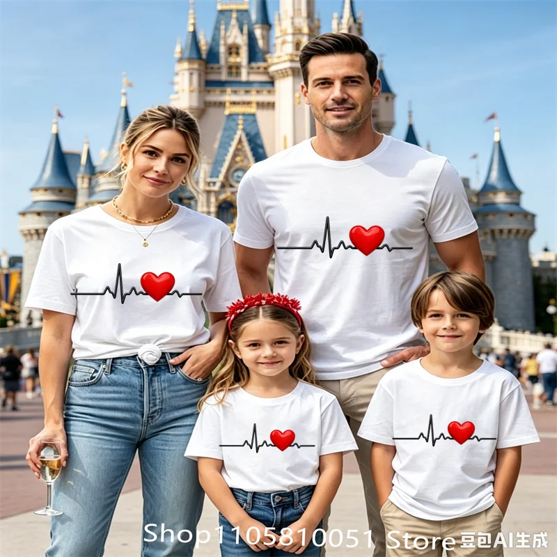 Mom Dad Kids Matching ECG Heart T‑Shirts, Cute Heartbeat Graphic Short Sleeve Tees, Family Gathering Vacation Matching Outfit