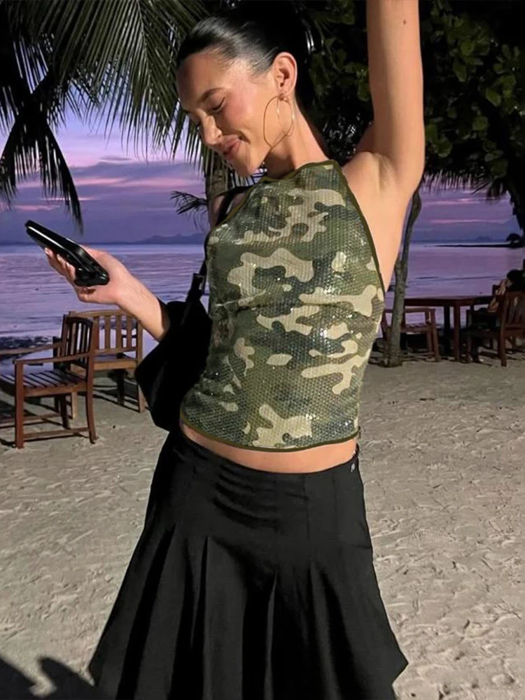 Weird Puss Sexy Camouflage Sequins Camisole Summer Women Halter Lace-Up Backless Sleeveless Street Midnight Daily Trend Tops