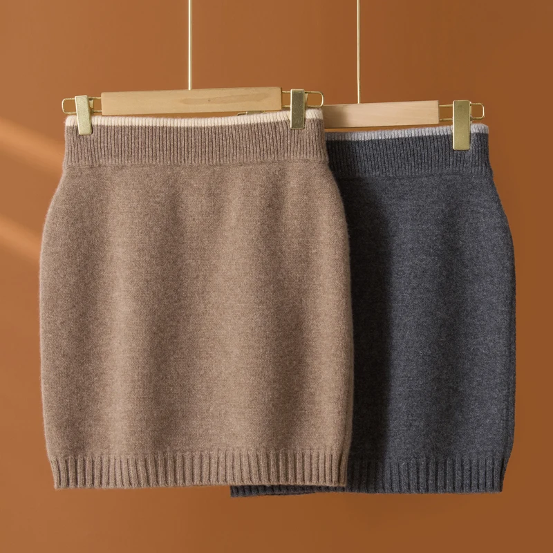 Flat Thickened Hip Hugging Skirt Women's Autumn Winter 100% Merino Wool Knitted Half Skirt Versatile Short Elastic Waist Skirt