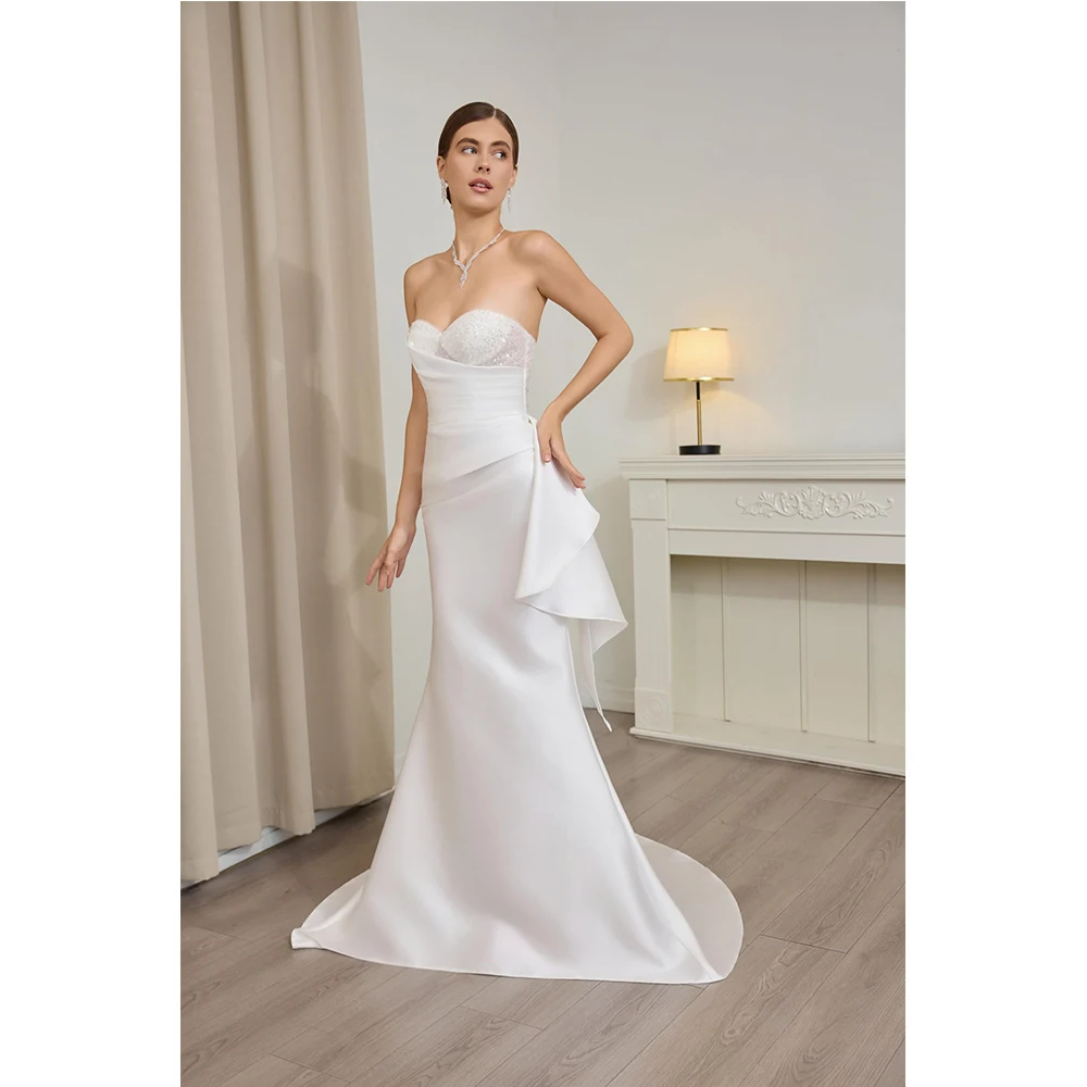 Customized Off Shoulder Satin Wedding Dress Sleeveless Lightweight Engagement Bridal Gown with Train for Summer Wedding