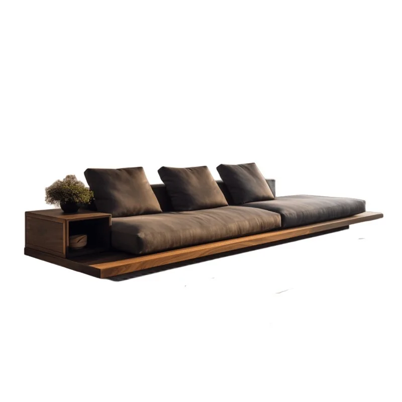 Aesthetic solid wood straight row new black walnut sofa ash wood simple living room villa fabric sofa