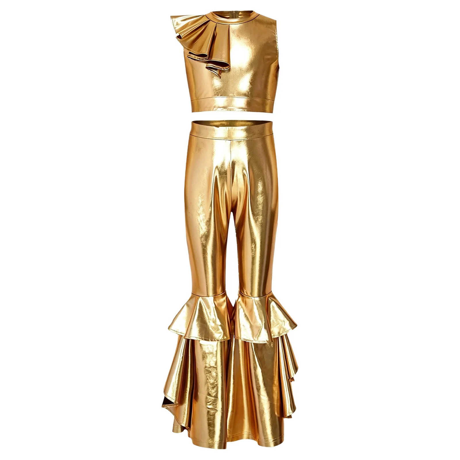 Kids Girls Disco Hip Hop Jazz Dance Costume Streetwear Metallic Sleeveless Crop Top Flared Pants Set for Stage Performance Wear