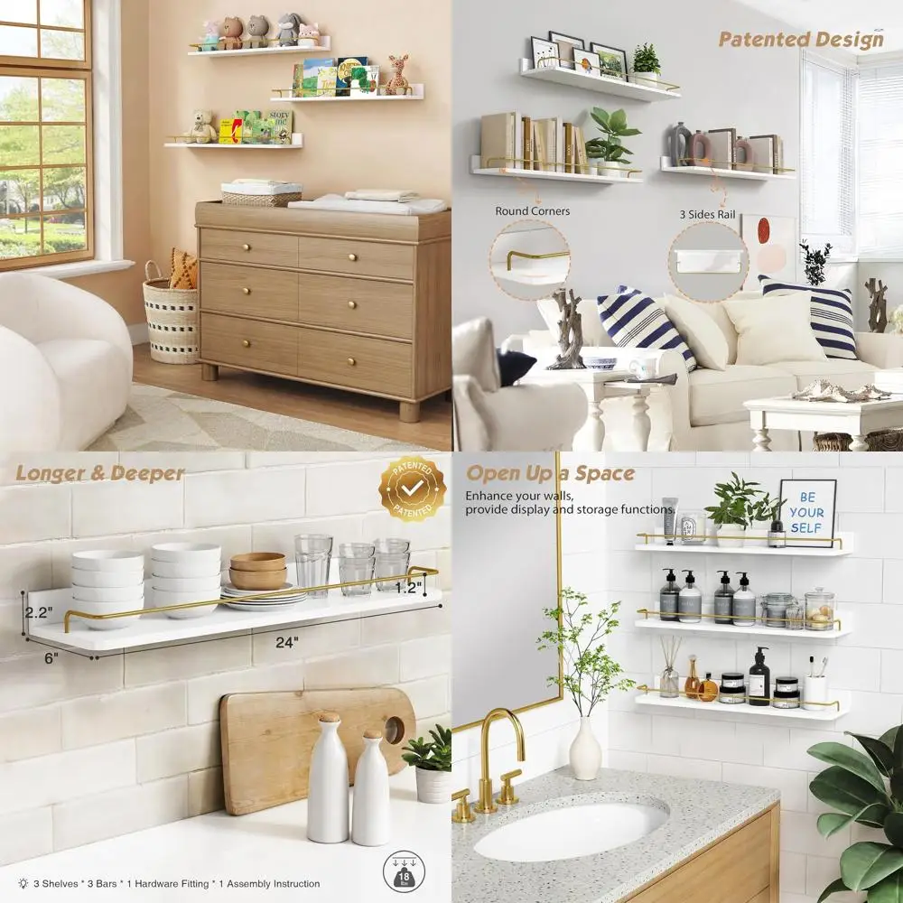 

Набор из 3 шт., 24 плавающих настенных полки золотого цвета, крепится на унитазе с направляющей, декоративное хранилище для домашних офисов и гостиной.