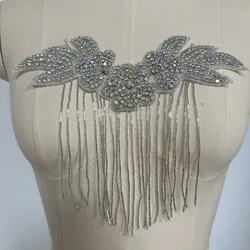 1PCS Bridal Beaded Rhinestones Patches with tassel Appliques For Wedding Or Birthday Dress