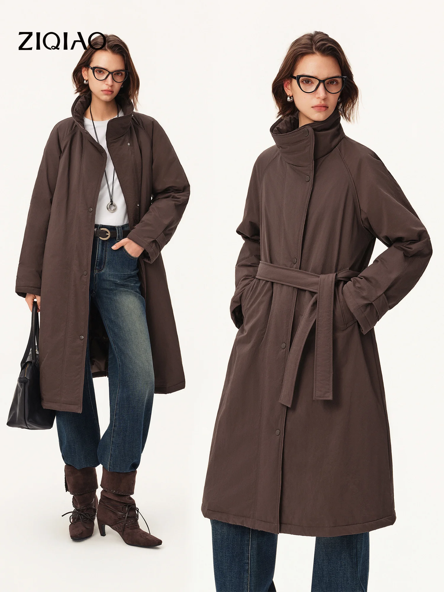 ZIQIAO Women's Down Coats Waterproof Stand Collar Trench Long Coat Slim Waist Winter 2026 Commuting Outweart Ins Chic Streetwear