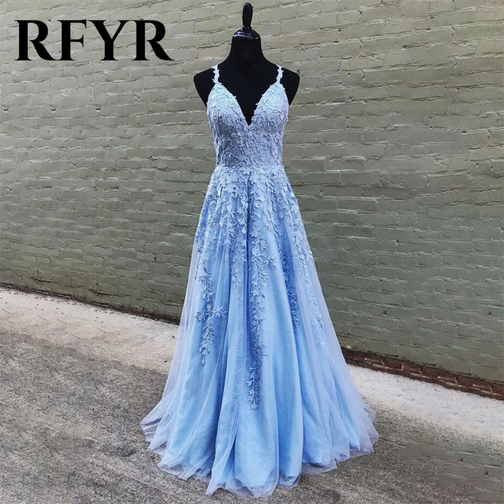 

RFYR Blue Sweetheart Evening Dress Spaghetti Strap Vestidos De Noche Applique Tulle Prom Dress with Pleat Beach Long Party Dress