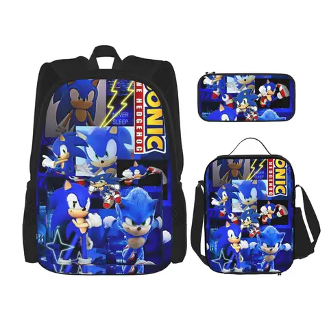 Soniced 3pecs/set mochila para adolescentes Sonices dibujos animados ordenador portátil bolso de hombro bolsa de almuerzo estuche para lápices