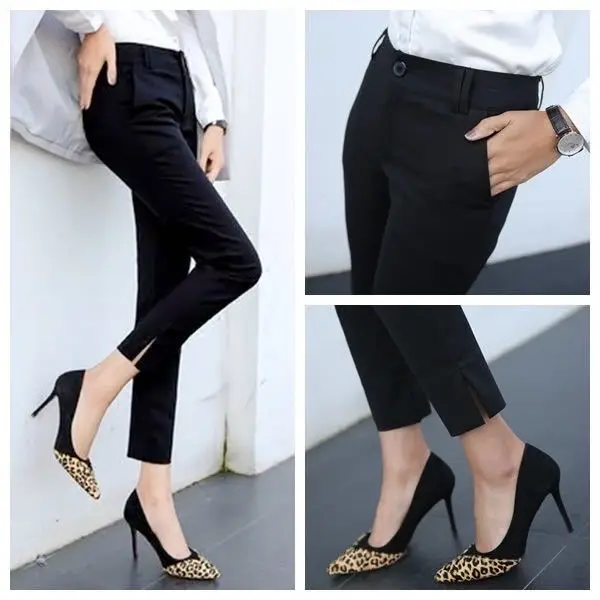 New Nine-point Women\'s Trousers Spring Office Lady Pockets Straight High Waist Rivet Split Black Small Feet Casual Suit Pants