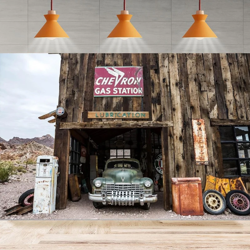 Western Vintage 50s Gas Station Photography Backdrop Rusty Old Vintage Car Repair Garage Background Party Backdrop Wall Banner