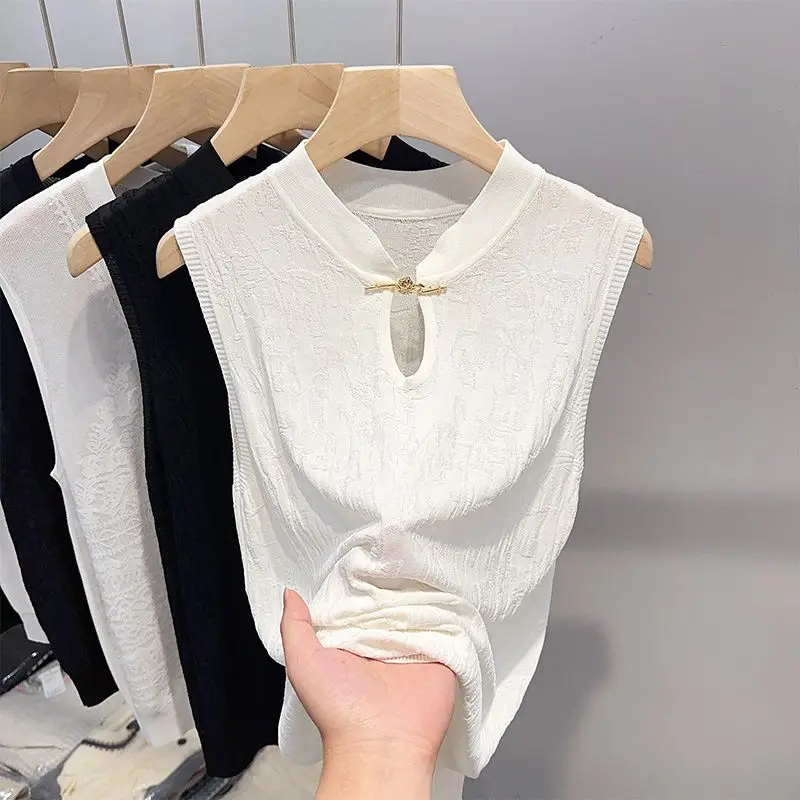 New Chinese Style Hollow Ice Silk Suspender Vest Women Versatile Thin Fashion Base Shirt Large Size Summer National Style Top