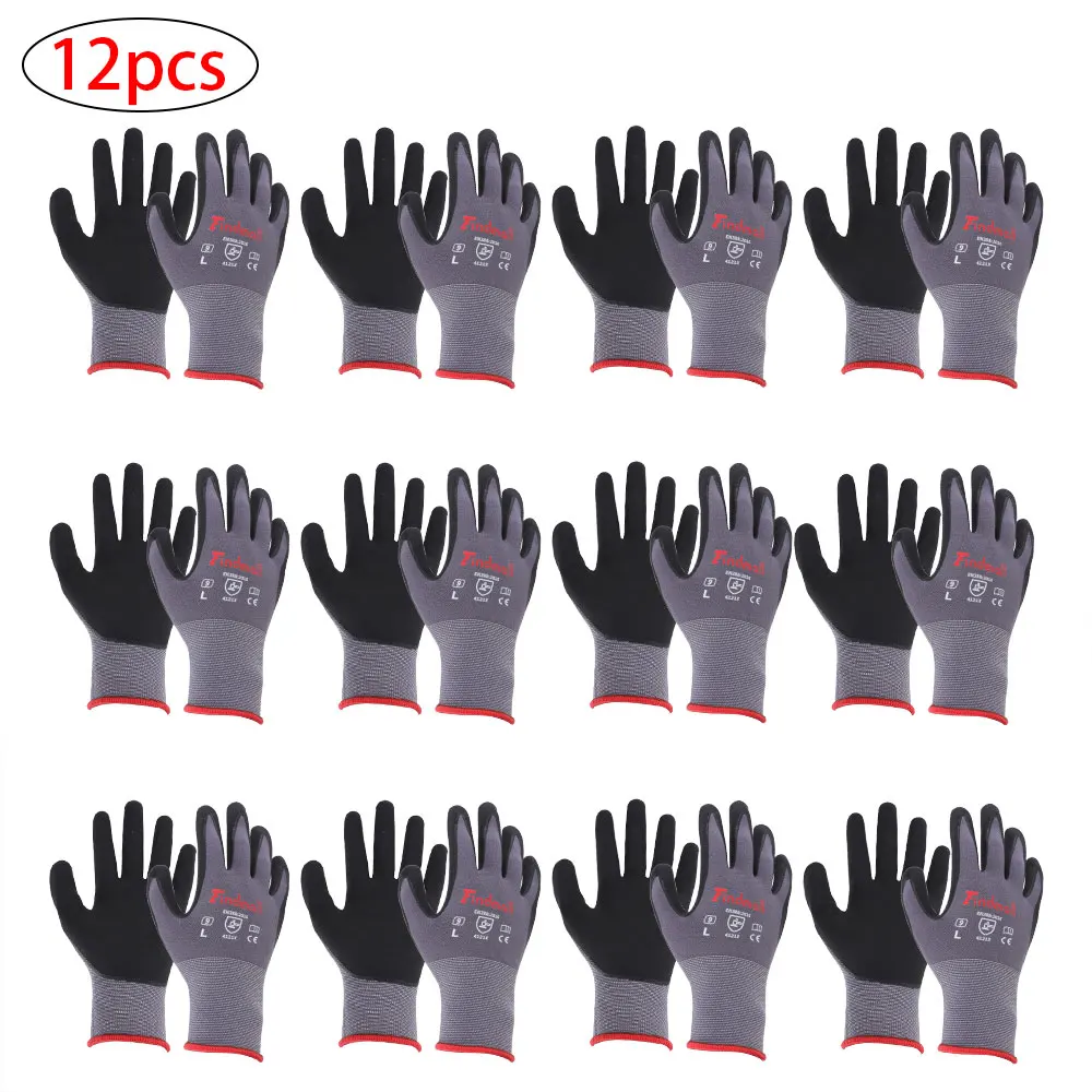 12 Pairs Foam Nitrile Coated Work Gloves, Size L, Non-Slip Breathable Durable Safety Gloves for Industrial, Construction, Handling & Gardening
