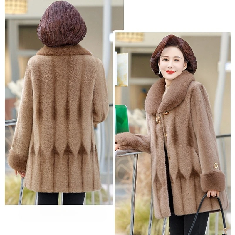 เสื้อโค้ทขนเฟอร์เทียมคุณภาพสูงสำหรับผู้หญิง ฤดูหนาว หนา อุ่น แจ็คเก็ตขนเฟอร์ สำหรับคุณแม่วัยกลางคน เสื้อคลุมยาวปานกลาง เสื้อคลุมตัวนอก