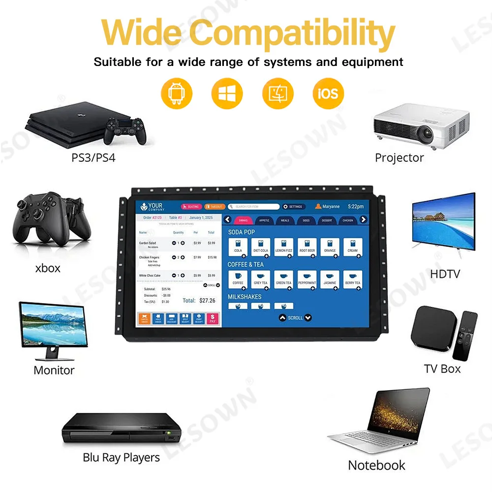 LESOWN إطار مفتوح 19.5 بوصة شاشة متعددة اللمس صناعية 1600x900 LCD 1000:1 60 هرتز إطار معدني شاشة LCD مكبرات صوت مدمجة