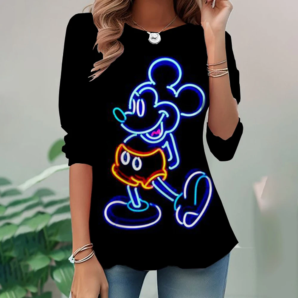 New Large Women's Long Sleeve Pocket Round Neck Waist Top T-shirt Disney Mickey Mouse Loose Casual Fashion Loose Women's Shirt