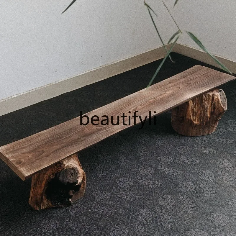 

Vintage Style Long Bench Natural Wood Creative Design Irregular Art Weathered Solid Wood Homestay Tea Room Long Bench