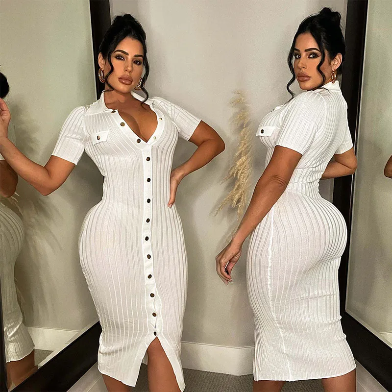 

Crochet Women Dress Single-Breasted Shorts Sleeve V-Neck Edge Peach Hip Thin Tight Bodycon Streetwear Hipsters