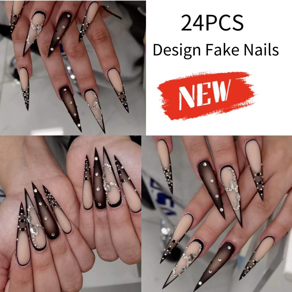 

24Pcs Long Stiletto Press on Nails Black Bedazzled With Diamonds False Nails with Rhinestones Glue Full Cover Wearable Manicure