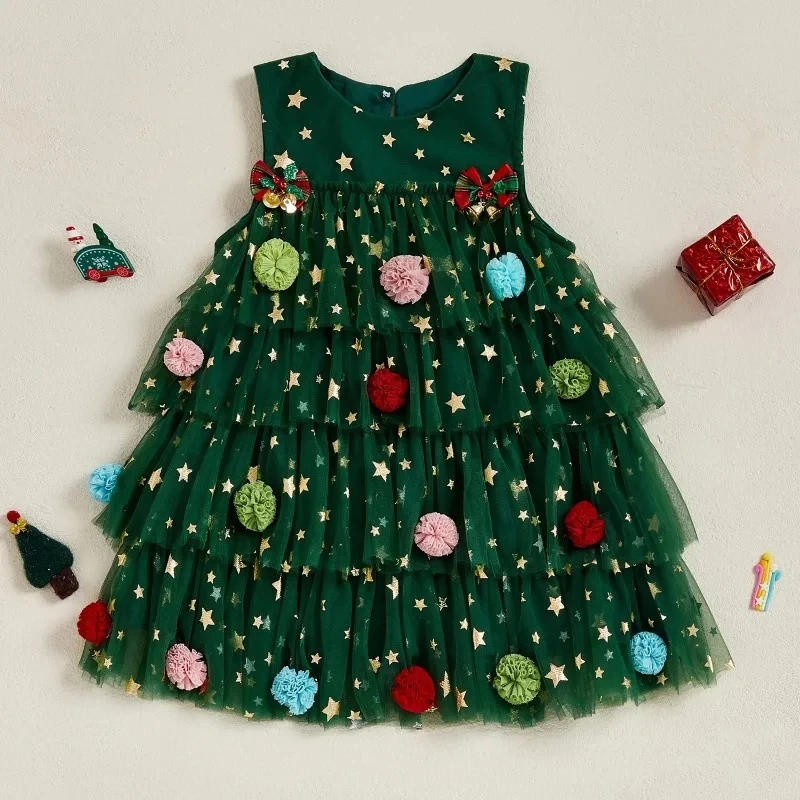 

1-6Years Sleeveless Girls Princess Christmas Dress Plush Balls Stars Printed Mesh Vestidos Cute Baby New Year Cake Dress
