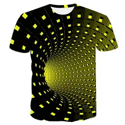 Tshirts Black And Yellow Psychedelic Printed T-shirt Men Summer Hip Hop Funny Checked Tunnel Print Tee Shirt Men Women Tops