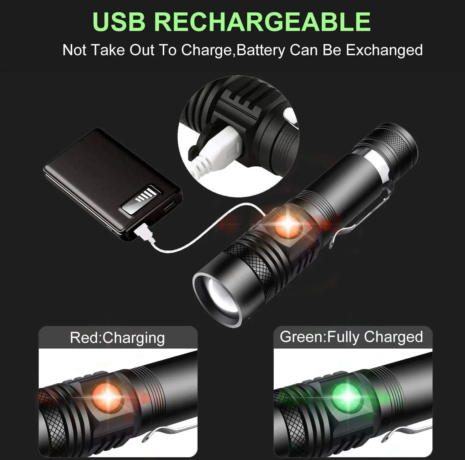 2000LM T6 LED Flashlight, USB Rechargeable & Tactical Zoomable Defense Light with Clip, Waterproof Torch for Outdoor Camping