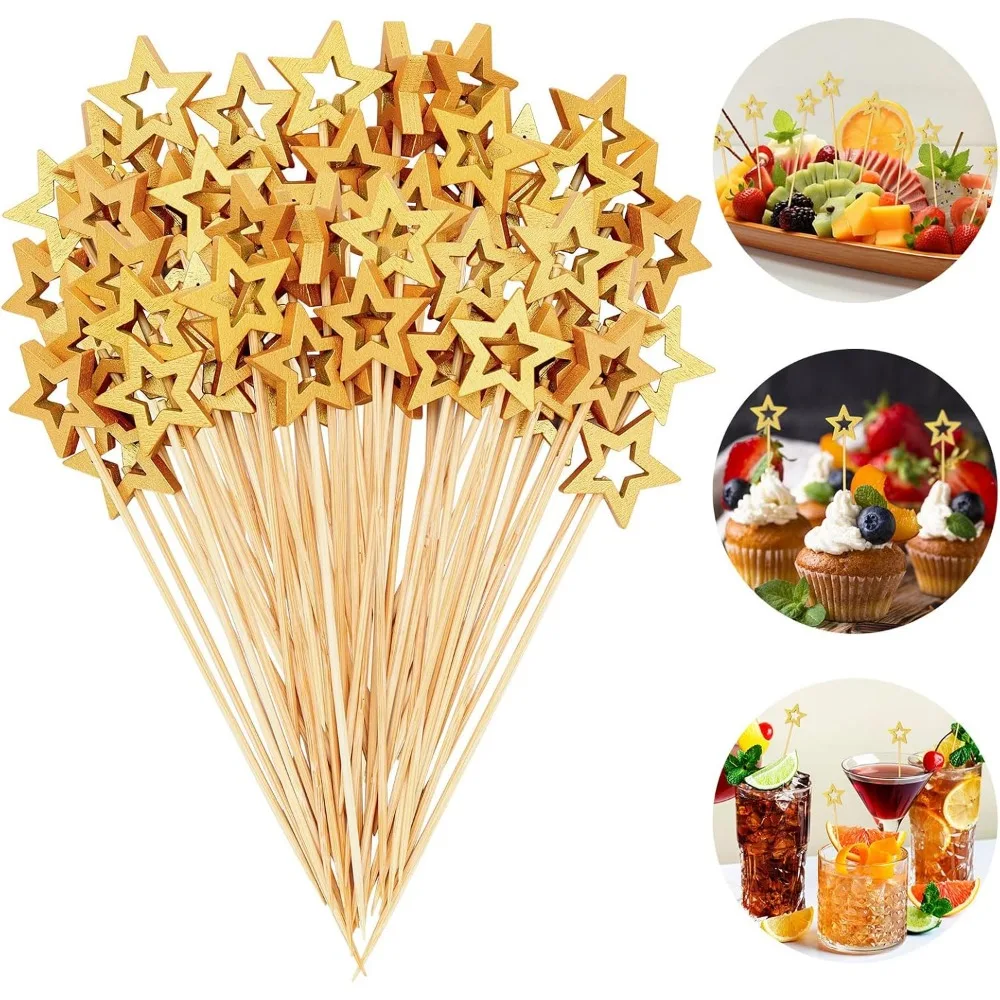50 pçs ouro prata oco estrela espetos de bambu buffet frutas picaretas cocktail varas festa de natal aniversário decoração do casamento