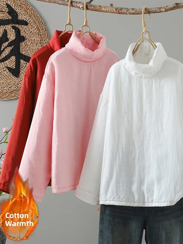 

Linen Design Collar Pure Color Loose Fit Slimming Cotton Jacket Thickened Long Sleeve Commute Style Regular Length Coat