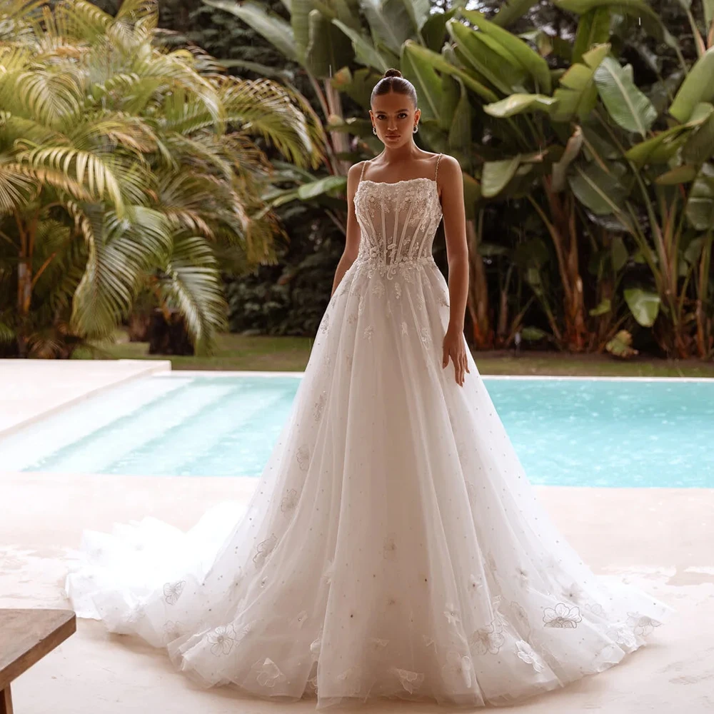 

Gorgeous Wedding Dresses A Line Tulle Flower Bridal Gowns Lace Appliques Spaghetti Straps Robe Vestidos De Novia Customized 2025