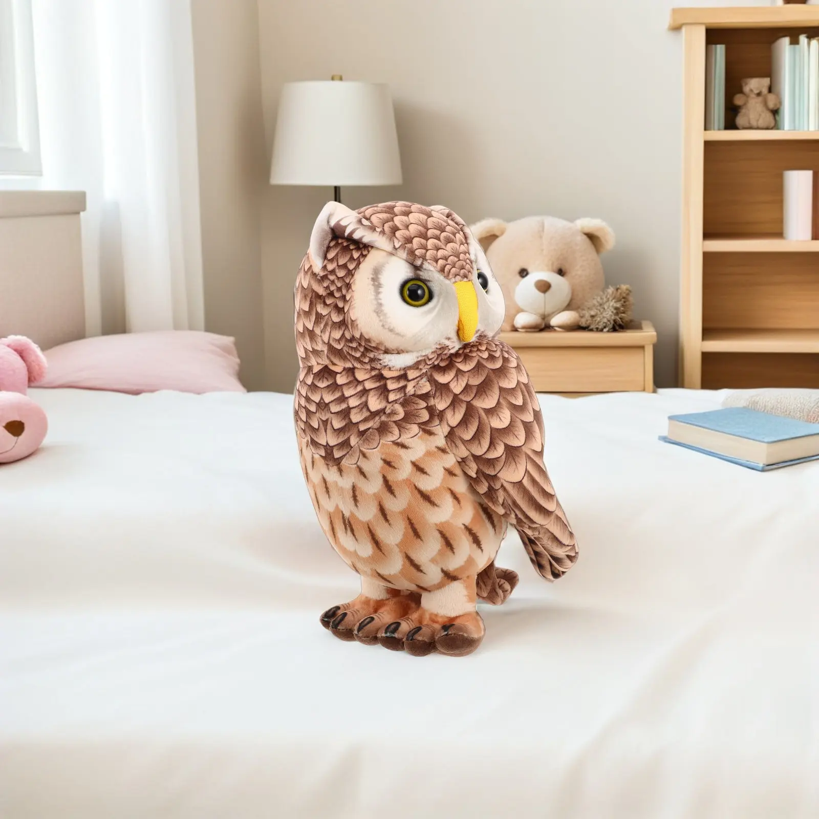 フクロウのぬいぐるみ、リアルで柔らかく心地良いクッション、子供と大人の寝室、家のリビングルームの装飾に最適なフクロウのぬいぐるみ