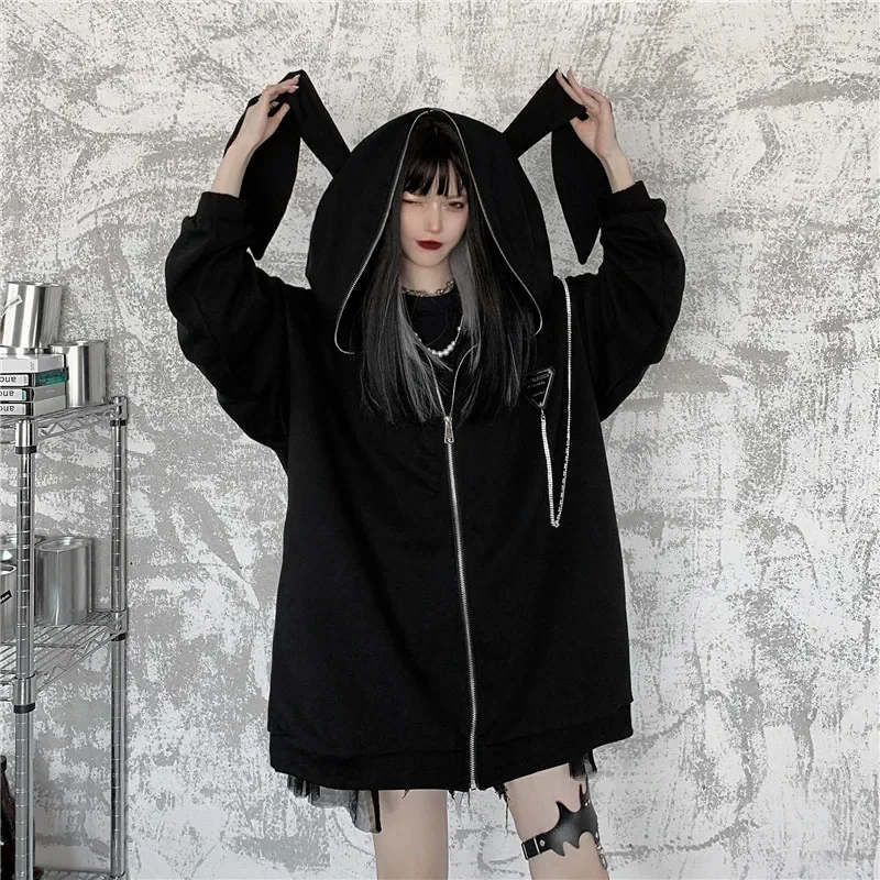 

Autumn Winter Women Harajuku Punk Gothic Girls Black Rabbit Ears Hoodies Sweatshirt Japanese Pop Loose Long Sleeve Plus Size