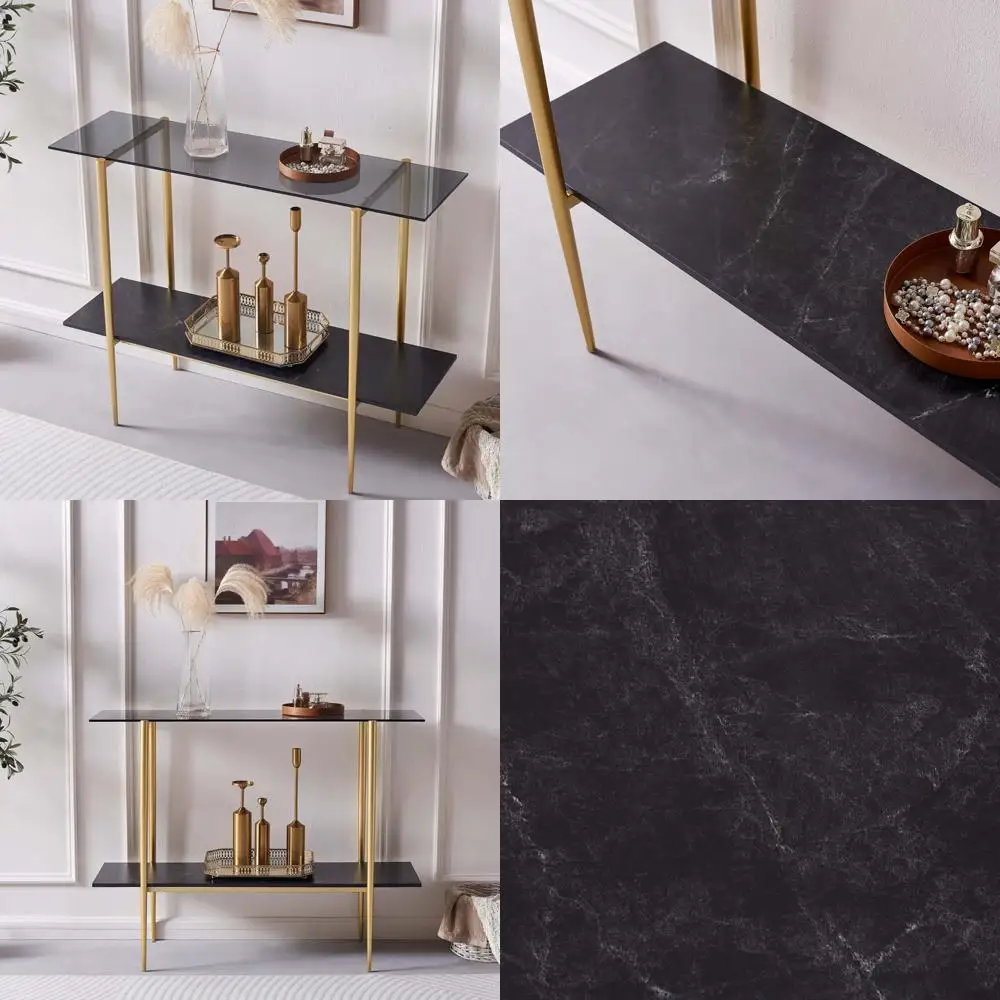 

Mid-Century Modern 2-Tier Glass Console Table with Grey Glass Top and Black Marble Base for Living Room, Foyer, and Entrance