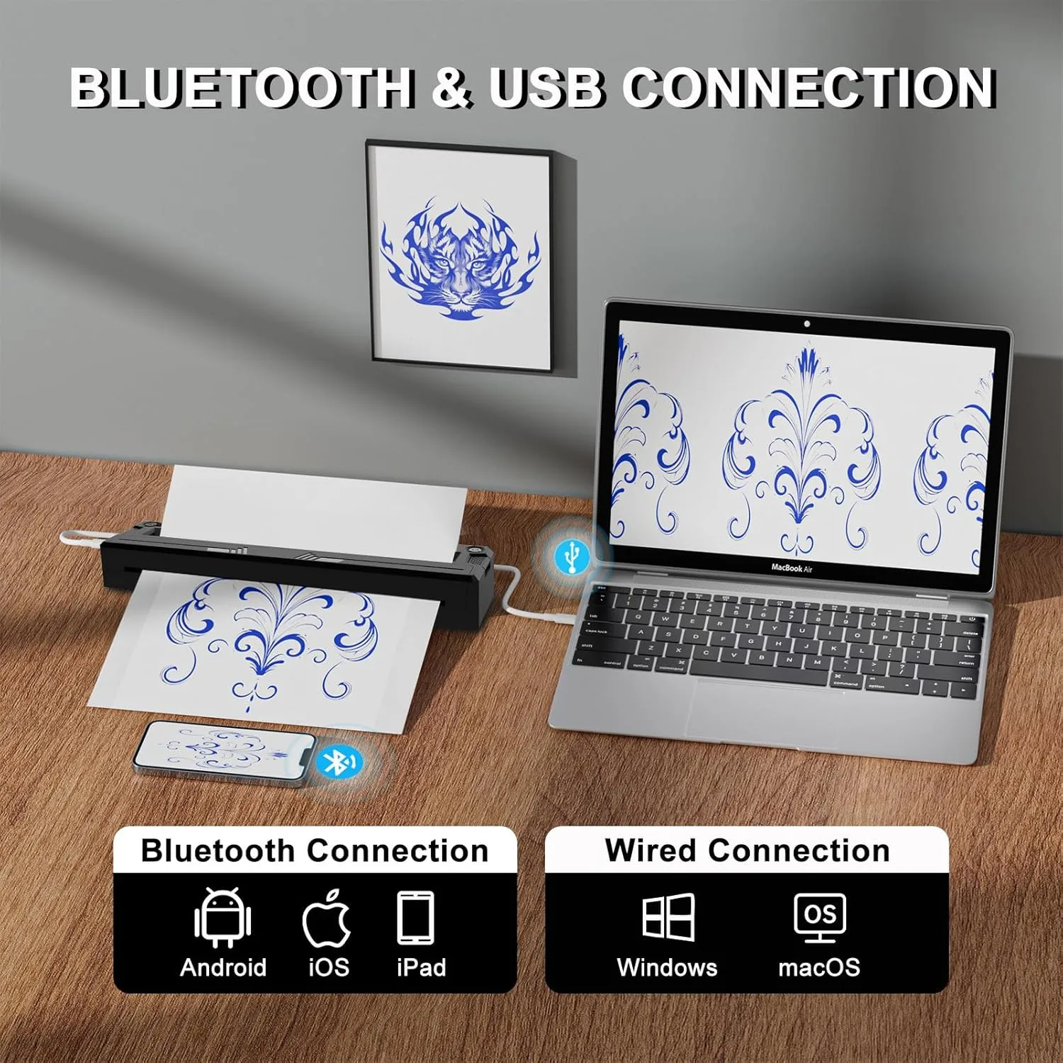 Tattoo Artists&Reginners A4 Tattoo Printer Portable Wireless Bluetooth Thermal Tattoo Stencil Printer Compatible with Phone&PC