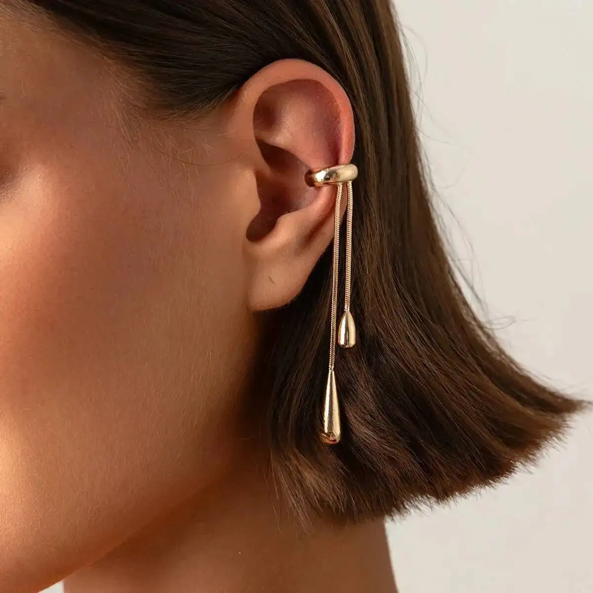 SHIXIN Fashion Long Tassel Drop Water C Shaped Fake Piercing Ear Clip for Women Punk Gold Color Earring Jewelry Accessories Gift